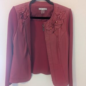Peter Nygard Red Faux Leather And Knit Floral Applique Zip Jacket Size Medium